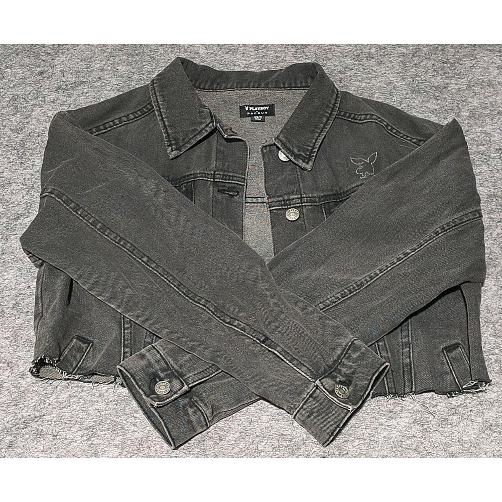 Play Boy Jean Jacket Women's Size XS/S Black/Dark‎ Grey Denim Short